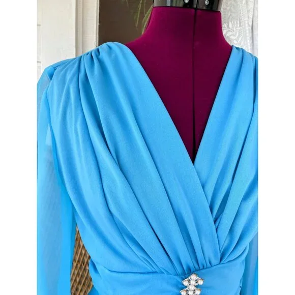 Vintage 1970s Blue Dressy Maxi Dress Pleated Skirt Rhinestone Pearls Size M - Picture 14 of 16